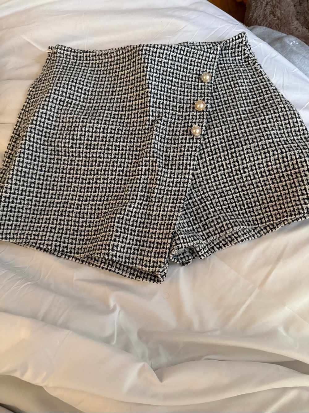 SHEIN Black & White Tweed High Waist Skort/Shorts with Pearl Buttons